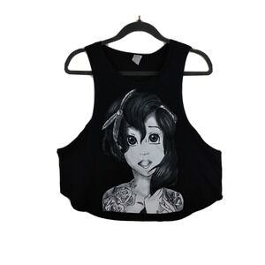 Tattoo Girl Anime Black & White Graphic Print Sleeveless T-Shirt Small